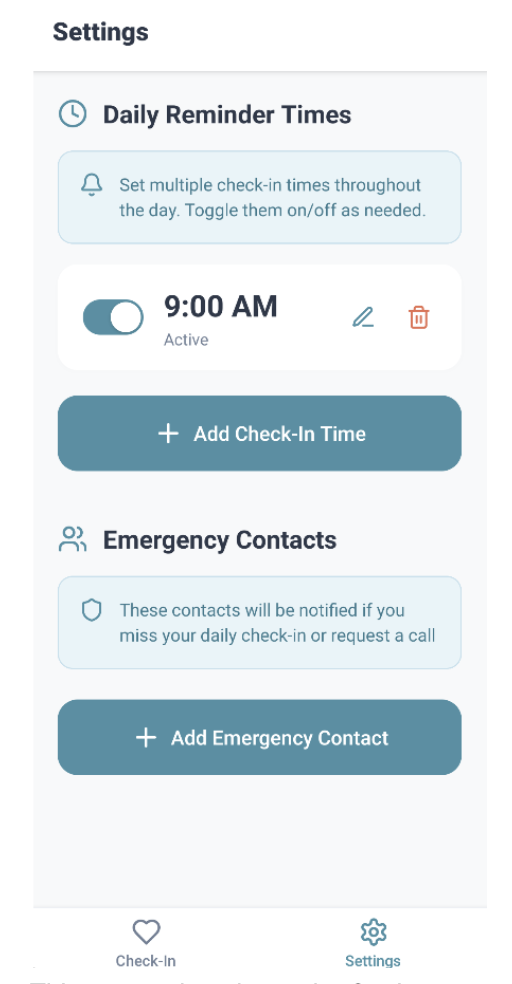 Settings Screen with Emergency Contacts Section